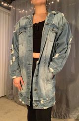 Distressed Trench Jean Jacket Blue Size L Photo 0