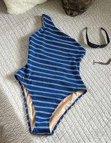 Madewell ribbed blue Striped One Shoulder nautical classic One Piece swimsuit M Photo 0
