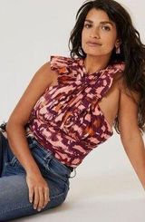 Blouse Womens Small Animal Print Ruffle V Neck Mobwife Cropped Photo 0