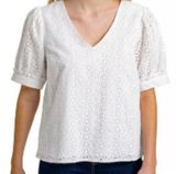 Draper James Ladies V-Neck short Puff Sleeve White Eyelet cotton blouse Photo 0