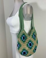 Handmade Crochet Granny Square Shoulder Tote Bag Green Tan Blue Photo 0