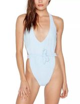 Ris-k Lunar One Piece Swimsuit Hi-Cut Ribbed Belted Size S Light Blue New Photo 0