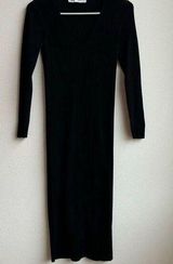 Zara Long Sleeve Black Knit Flare Hem Midi V Neck Sweater Dress Size Medium Photo 0