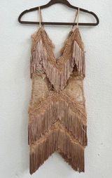 BANJUL  Sheer Floral Lace Fringe V-Neck Bandage Dress Camel Brown Women's Size 2 Photo 0