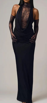 Innovare Denim Darleen Cowl Neck Ruch Lace Maxi Dress In Black Photo 0