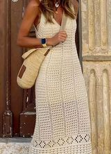 Women's Elegant Crochet Hollow Out Sleeveless Halter Maxi Dress, Beach Cover-Up Photo 0