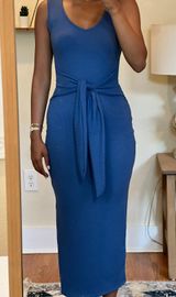 Blue Ribbed Tie front Midi Dress Photo 0