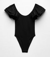 Zara Black Ribbed Bodysuit with Ruffle Sleeves Photo 0