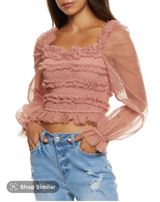 Rainbow Mesh Ruffle Smocked Bubble Sleeve Crop Top  Photo 0