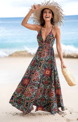 Cupshe Floral Ornate Print Plunge Maxi Dress Resortwear Spaghetti Strap Sz M NWT Photo 0