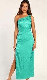 NWT Lulu’s Chasing Desire Teal Green Satin Jacquard One-Shoulder Maxi Dress Photo 0