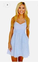 LAUREN JAMES Stratton Seersucker Halter Dress Light Blue & White Size Medium Photo 0