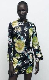 Black Floral Printed Gathered Long Sleeve Mini Dress 7969/257/330. size Sma Photo 0