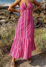 maxi dress embroidered Barbie pink halter CUTWORK OPEN BACK MIDI SUMMER Photo 0