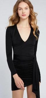 Alice + Olivia Kyra Deep V Drapey LS Mini Dress Size 0 Black Ruched Long Sleeve Photo 0