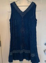 3X Option A Blue Denim Like Embroidered V neck Dress Photo 0