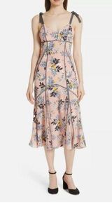 CINQ a SEPT Peach Pink Floral Print AINSLEY Tie Shoulder Fluted Silk Dress 4 Photo 0