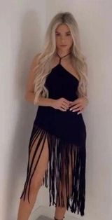 Asymmetrical Fringe Hem Ribbed Top Black Size Small Sleeveless Stretch Photo 0