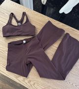 1980 Whisper Brown Notched Sports Bra And V Waist Flare Legging Active Set Photo 0