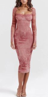 Corset Mesh Midi Dress, pink retro print, fitted long sleeves, lace up back Size L Photo 0