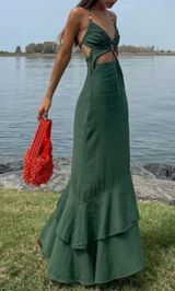 RUFFLED CUT OUT LINEN BLEND DRESS KHAKI Photo 0