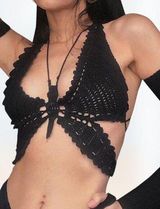 Women's Sexy Butterfly Crochet Crop Tank Top Halter V Neck Camisole Vest OS Black Photo 0