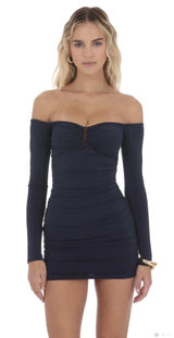 Lucy in the Sky- Off Shoulder Embellished Dress in Navy Photo 0