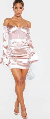 Pretty Little Thing Dusty Pink Bardot Satin Mesh Insert Ruched Bodycon Dress Photo 0