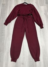 Zenana Burgundy Two Piece Crop Top Tracksuit Photo 0