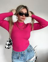 Hot Pink Women's 2024 Fall Long Sleeve Turtleneck T Shirt Ribbed Knit Sweater Slim Fit Basic Photo 0