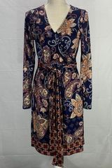 Venus Long Sleeve Paisley Navy Blue Faux Wrap Midi Dress Size Small Photo 0