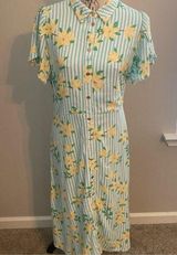 Dress Blue Stripe Floral Maxi 14” Waist Linen Blend Photo 0