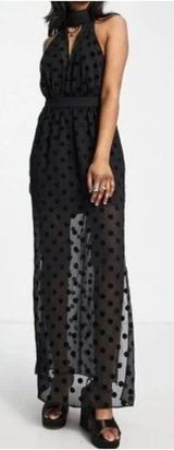 Topshop Maxi Dress Chiffon Polka Dot Black Halter Sleeveless Backless US 10 NWT. Photo 0