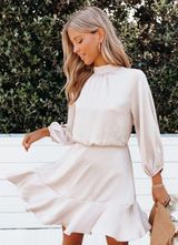 Call Me Angel Textured Champagne Cream Satin Long Sleeve Mini Dress Medium Photo 0