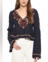 Free People High Times Navy Blue Orange Bronze Embroidery Thread Long Sleeve Photo 0