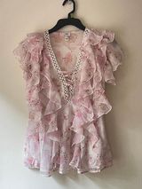 River Island  Top Womens 6 Pink Floral Ruffle V-neck Feminine Romantic Dressy Photo 0