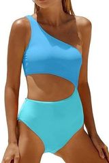 Two Tone One Piece Swimsuit Blue Photo 0