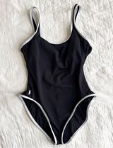 Vintage Ralph Lauren Sport Swimsuit One-Piece Black White Pony Trim Nautical 10 Photo 0