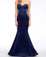 Hayley Paige Occasions Navy Blue Satin Dress Photo 0