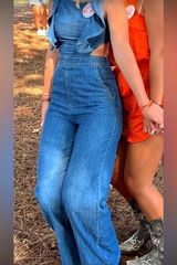 Women’s Blue Denim Ruffle Jumpsuit Open Back Photo 0