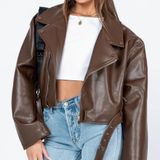 cropped brown leather jacket Photo 0