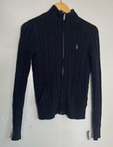 Ralph Lauren Cable Knit Zip Up Cotton Cardigan Black Pony Size Small Photo 0