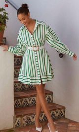 Green And White Tie Waist Mini Shirt Dress Photo 0