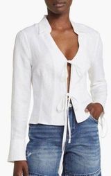 BLANK NYC White Linen Blend Tie Front Blouse Bell Sleeves Size Medium 70s Boho Photo 0