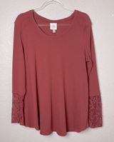 Knox Rose Women's Brick Red Ribbed Long Sleeve Tee with Lace Sleeve Size L Photo 0