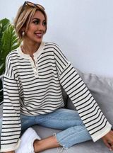 SHEIN Franclia Striped Drop Shoulder Button Sweater Photo 0