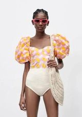 Zara Puff Sleeve Printed Poplin Bodysuit Photo 0