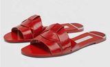 Zara | Size 38 or 7.5 Red Glossy Sandals with Metallic Accents Photo 0