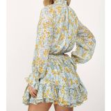 New Fate Blue & Yellow Floral Jacquard High Neck Ruffle Mini Dress Size Small Photo 0