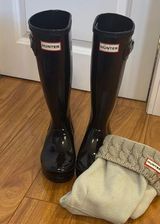Hunter Black Rain Boots with Gray Knit Socks Photo 0